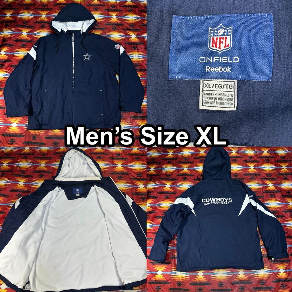 Dallas Cowboys Reebok Onfield Jacket Men’s XL Navy Fleece Lined Full Zip Hooded